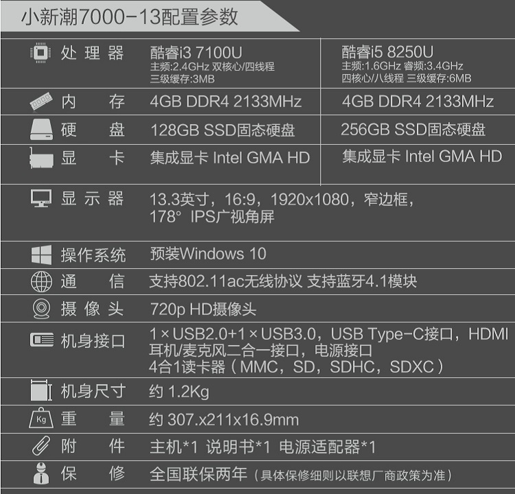 联想 小新潮7000-13 i5-8250u/4g/256ssd/win10/集成